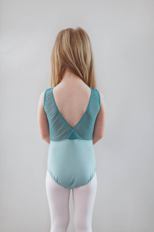 "Light Cyan" v-back leo, sleeveless