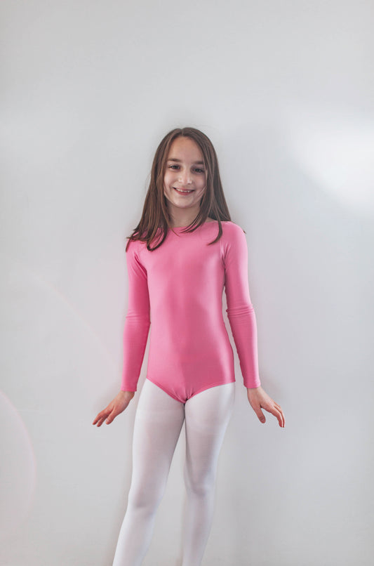 "Barbara Pink" v-back leo, long-sleeved