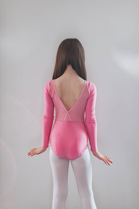 "Barbara Pink" v-back leo, long-sleeved