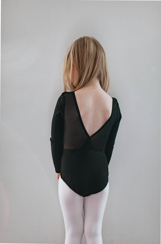 "Black" v-back leo, long-sleeved