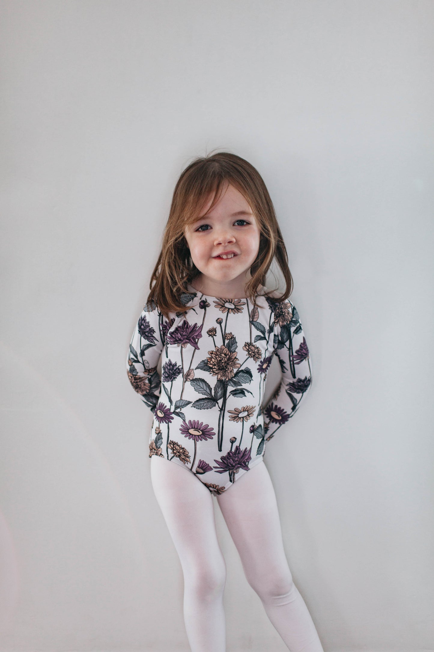 "Daisies & Dahlias" v-back leo, long-sleeved