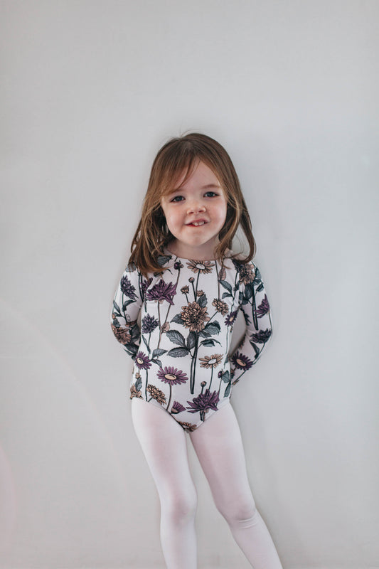 "Daisies & Dahlias" v-back leo, long-sleeved