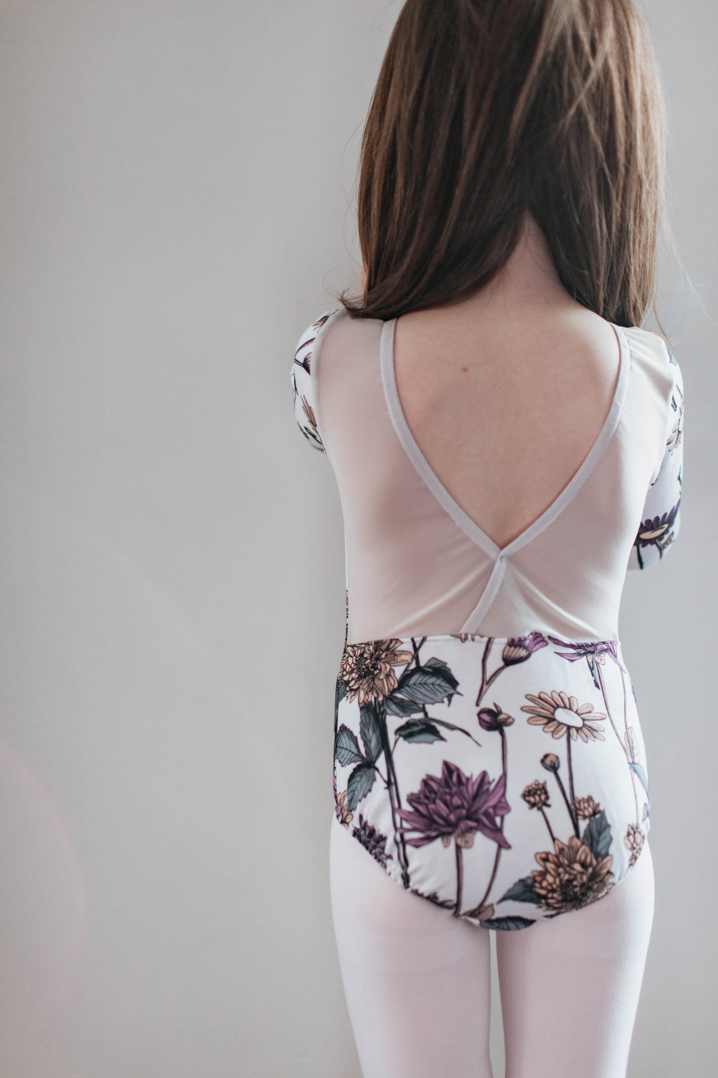"Daisies & Dahlias" v-back leo, long-sleeved