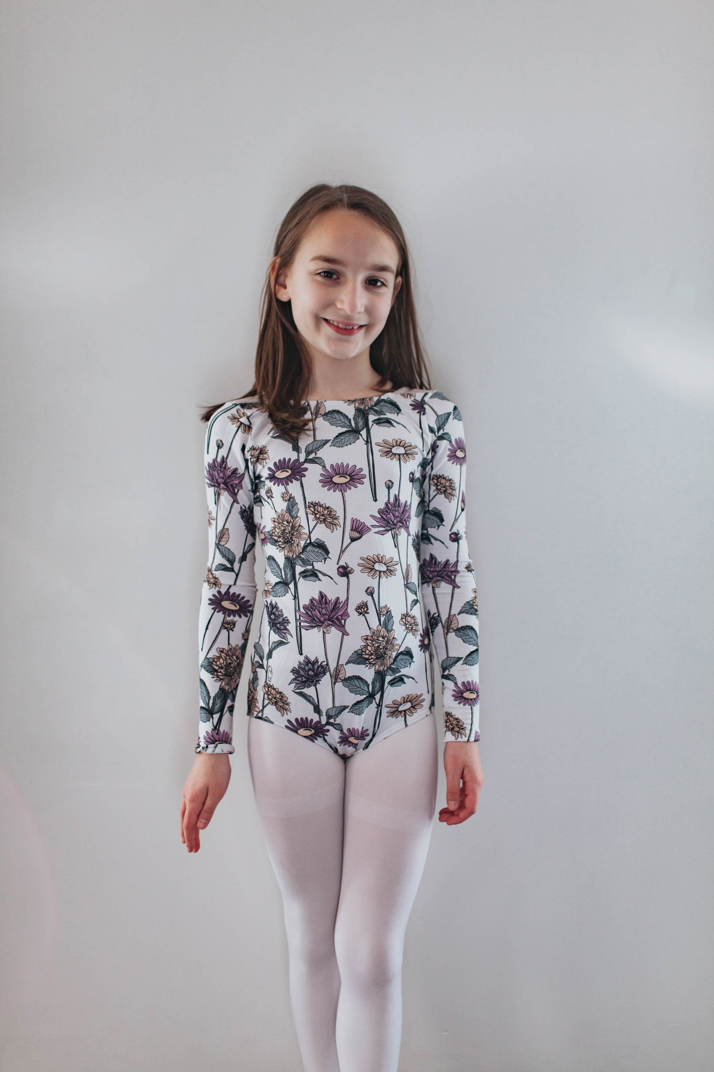 "Daisies & Dahlias" v-back leo, long-sleeved