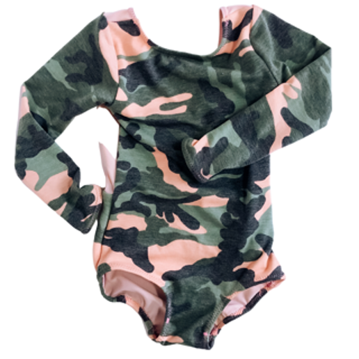 'can-can camo' v-back sleevy leo with 'peachy keen' colour
