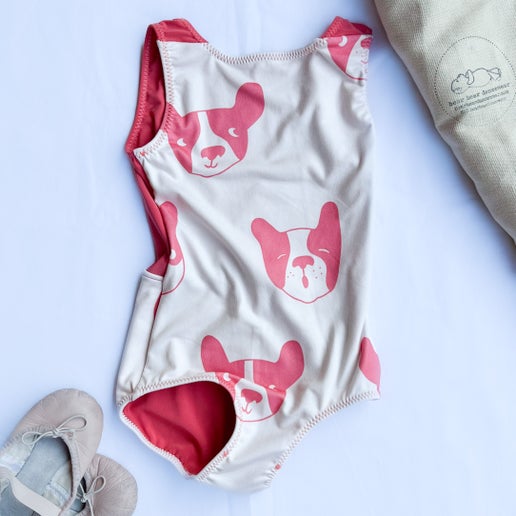 'puppy in pink' v-back leo with 'salmon berry' colour