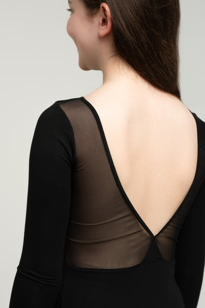 "Black" bamboo v-back leo, long-sleeved
